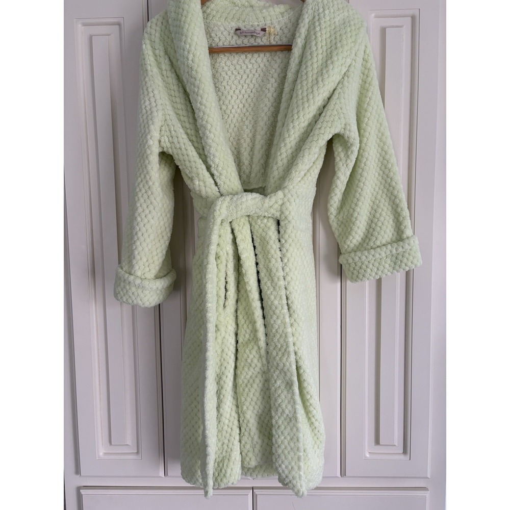 Soft Surroundings M Plush Quilted Bath Robe Lime Green Belted Fuzzy Cozy Warm